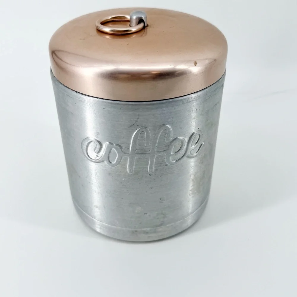 Vintage 50’s MCM Heller Hostess Ware Aluminum Canister Set 4pc Copper Lids Italy